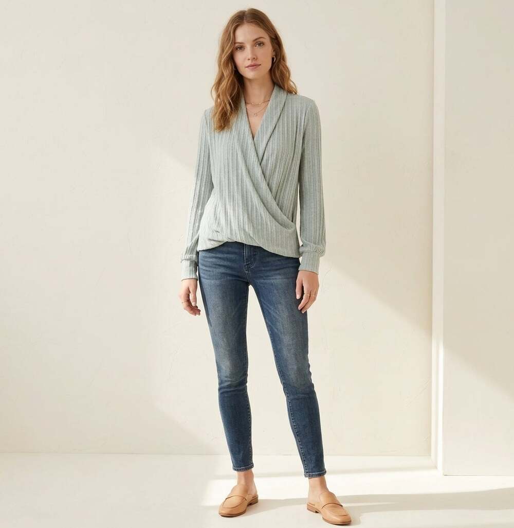 Maeve by Anthropologie Sweater Large Green Ribbed Wrap Surplice Neck Casual Cozy